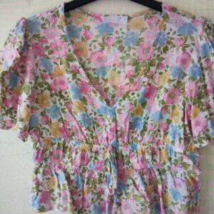 Primark Pink and Purple Puff Sleeve Blouse with Smocked Ruffles